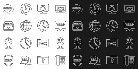 Wall Mural - Set line Telephone, Location with gear, Speech bubble text Help, 24 hours support, Laptop and help, and icon. Vector