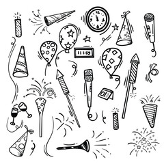 Doodle vector set with new year party related objects in line art for new year party template