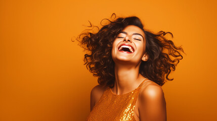 laughing woman on yellow isolated background - ai generative