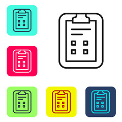 Poster - Black line Exam sheet with check mark icon isolated on white background. Test paper, exam, or survey concept. School test or exam. Set icons in color square buttons. Vector