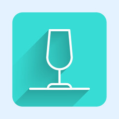 Wall Mural - White line Wine glass icon isolated with long shadow background. Wineglass sign. Green square button. Vector