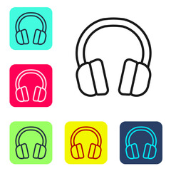 Sticker - Black line Headphones icon isolated on white background. Earphones. Concept for listening to music, service, communication and operator. Set icons in color square buttons. Vector