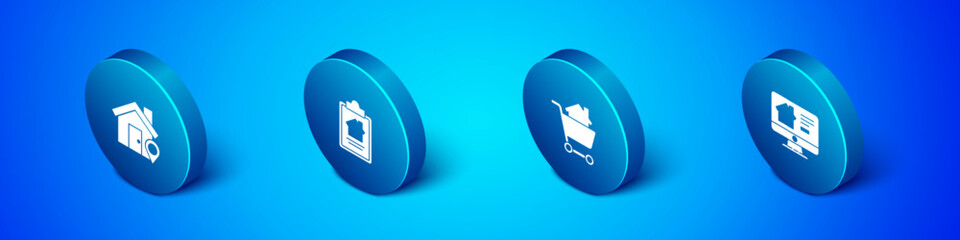 Poster - Set Isometric Location with house, Shopping cart, Online real estate and House contract icon. Vector