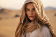 © Tetiana - Beautiful arabic woman wearing veil in sandy desert Generative Ai illustration