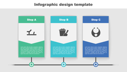 Poster - Set Baby shoes, Sand in bucket with shovel and bib. Business infographic template. Vector