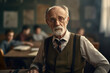 © Tetiana - Photo of senior handsome old man standing in class room sunshine day educational settings  background generative AI