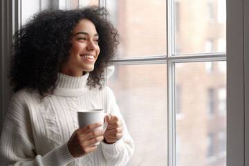 Wall Mural -  Portrait of happy young woman in cozy sweater holding a cup of hot drink and looking trough the window, enjoying the winter morning at home, side view