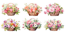 Watercolor Of Bouquet Colorful Spring Flowers In Wicker Basket Isolated On Transparent Png Background, Bouquets Greeting Or Wedding Card Decoration, Beautiful Flowers Inside Buckets Concept.