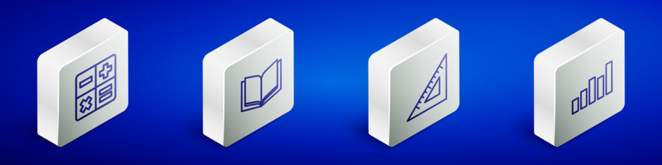 Poster - Set Isometric line Calculator, Open book, Triangular ruler and Graph, schedule, chart, diagram icon. Vector
