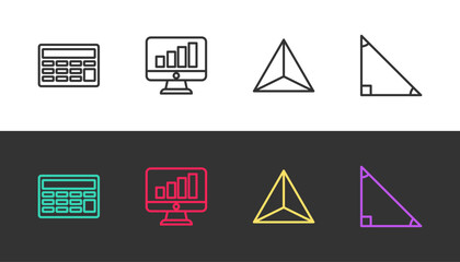 Poster - Set line Calculator, Computer monitor with graph chart, Geometric figure Tetrahedron and Triangle math on black and white. Vector