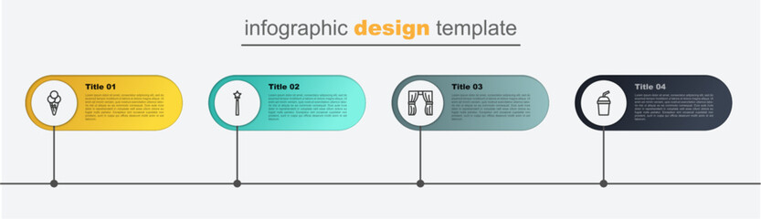 Wall Mural - Set line Paper glass with water, Circus curtain raises, Magic wand and Ice cream waffle cone. Business infographic template. Vector