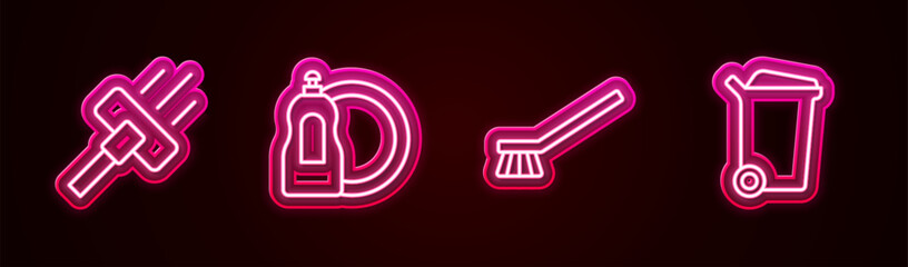 Wall Mural - Set line Vacuum cleaner, Dishwashing liquid bottle, Brush for cleaning and Trash can. Glowing neon icon. Vector