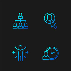 Sticker - Set line Work time, Multitasking manager working, Employee hierarchy and Worker. Gradient color icons. Vector