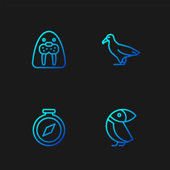 Poster - Set line Albatross, Compass, Walrus animal and . Gradient color icons. Vector