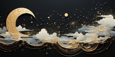 Wall Mural - AI Generated. AI Generative. Moon stars evening paper cut illustration nature background. Graphic Art