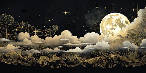 Wall Mural - AI Generated. AI Generative. Moon stars evening paper cut illustration nature background. Graphic Art