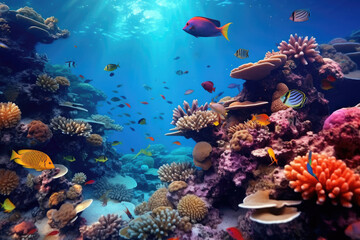 Wall Mural - Underwater with colorful sea life fishes and plant at seabed background, Colorful Coral reef landscape in the deep of ocean. Marine life concept, Underwater world scene.