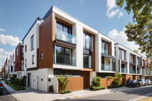 Street With Modern Modular Private Townhouses. Appearance Of Residential Architecture
