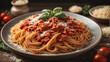 A rustic Italian pasta dish with al dente spaghetti, rich tomato sauce, and a generous sprinkle of Parmesan cheese.