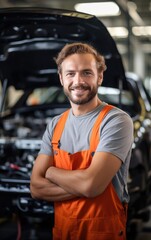 Wall Mural - An assembly line smiling professional worker is assembling a car