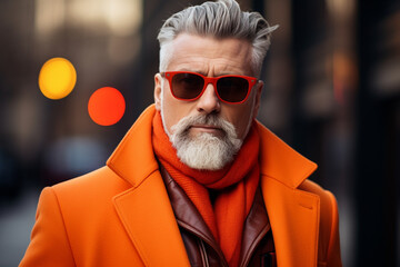 Wall Mural - 
Portrait of a handsome middle-aged man in orange coat and sunglasses on the street.