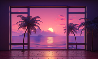 Canvas Print - Open window with tropical landscape and ocean in vaporwave style. Purple sundown in 90s style room, vacation calmness frame.