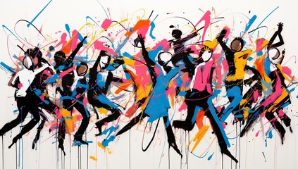 Wall Mural - Dynamic depiction of abstract human figures in vibrant colors splattering on a white background. Abstract background and wallpaper.