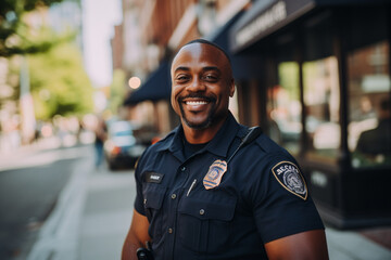 Wall Mural - 
Portrait of smiling african american policeman standing with arms crossed in city. 