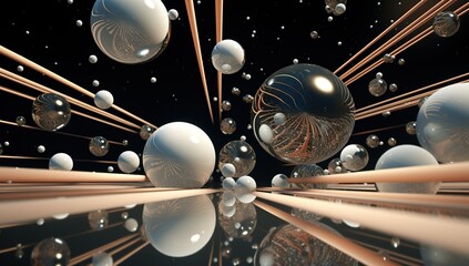 An array of glowing orbs with golden patterns against a black cosmic backdrop. Abstract background and wallpaper.
