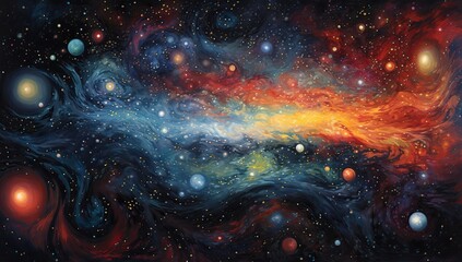 Wall Mural - cosmic panorama with multicolored planets and stars against spiral structures. abstract background a