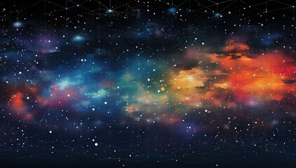 Wall Mural - starry sky with connecting lines and bright dots against a backdrop of colorful clouds. abstract bac