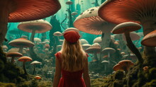 Alice In Wonderland, A Fabulous Forest Of Big Mushrooms, A Girl In A Fairy Tale. Mushrooms Trees Toadstools Fly Agarics