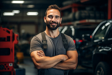 Sticker - 
portrait of smiling mechanic with crossed arms standing with crossed arms in auto repair shop