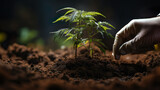 Fototapeta  - Planting and growing a hemp plant, cannabis legalization, small hemp plants cultivation