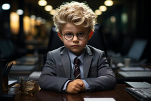 A Humorous Scene Featuring A Child In A Business Suit, Navigating An Adult Office Environment. Ai Generated