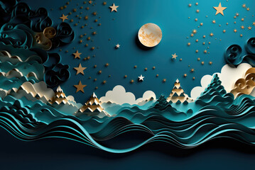Wall Mural - Flat lay moon, stars and clouds cut out of paper on a blue background