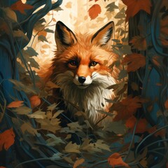 Wall Mural - curious fox emerges from foliage for close-up.