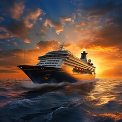 cruise ship sailing amid breathtaking sunset at sea.