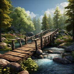 Poster - Tranquil river embraced by picturesque wooden bridge in scenic landscape.