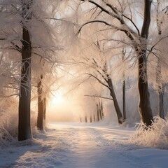 Poster - Frosty trees glisten in serene winter landscape.