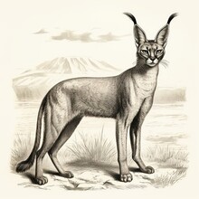 Vintage Engraved Caracal Illustration In 1800s Style On A White Background