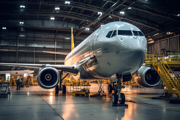 Maintenance of aircraft in hangar. Checking system and replacement of spare parts for safe flights