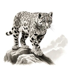 Canvas Print - Vintage Engraving Style Illustration of a Clouded Leopard on White Background, reminiscent of the 1800s