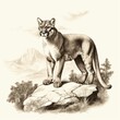 Antique Cougar Engraving on White - 19th Century Style Illustration