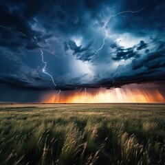 Canvas Print - Lightning strikes dramatically on open prairie.