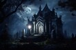 Spooky Cemetery Mausoleum lit by Moon