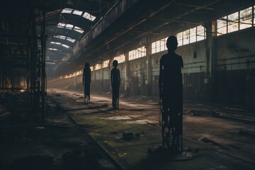 Poster - Abandoned factory haunts with shadowy figures.