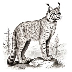 Wall Mural - 1800s-style engraving of Eurasian Lynx on white background.