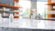 White marble counter foreground with a blurred pharmacy shelf background.