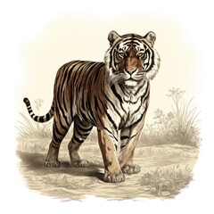 Sticker - Vintage engraving of Javan Tiger in 1800s style on white background.